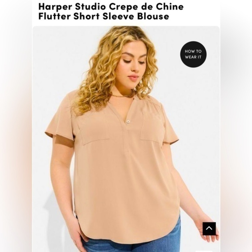 Torrid Harper Studio Crepe de Chine Flutter Sleeve Short Sleeve Beige Blouse 1X